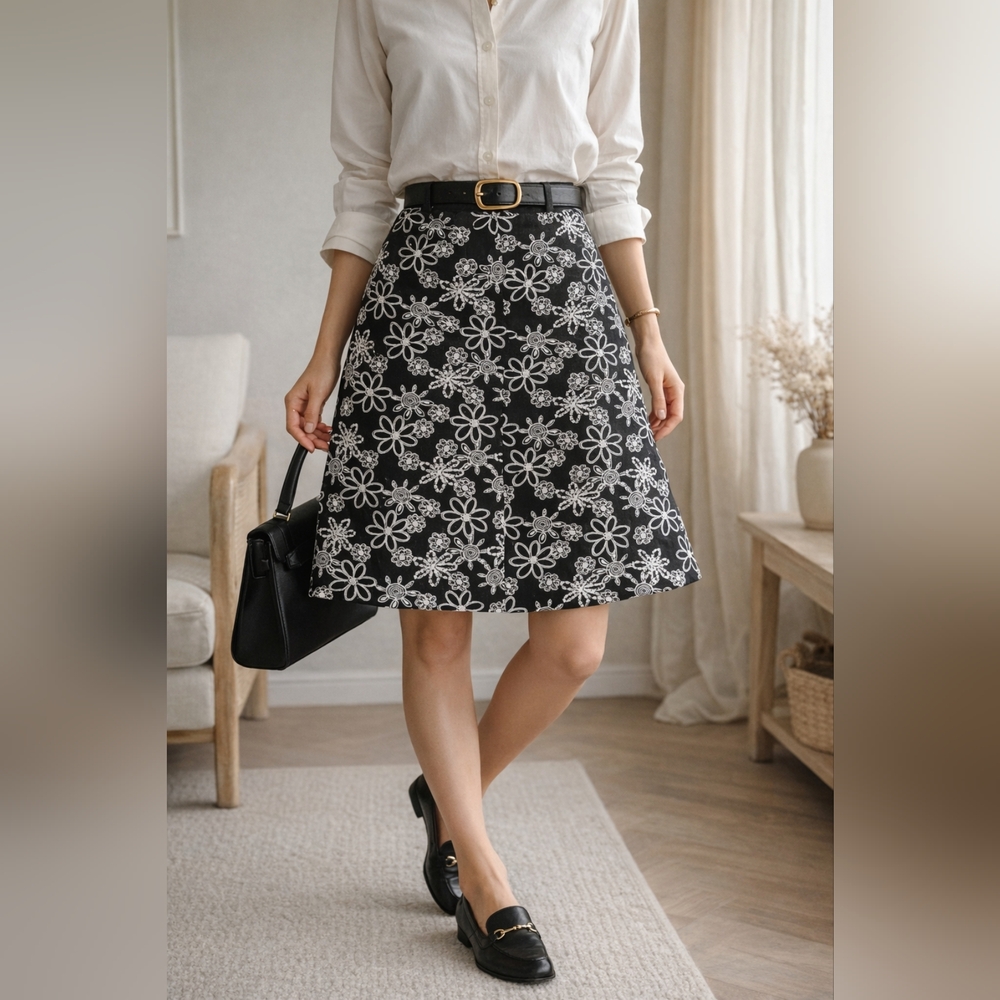 Vintage Linen Blend A-Line Skirt Womens 10 Black White Floral Embroidered Y2K...